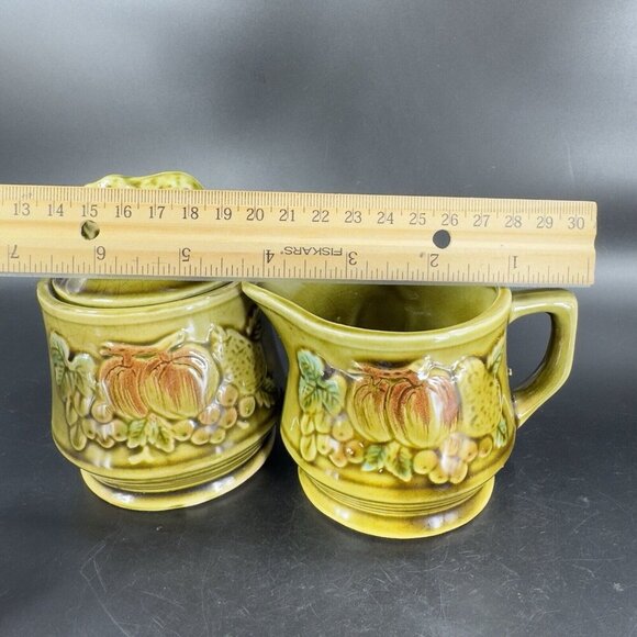 Vintage Ceramic Olive Green Sugar Bowl Creamer Fruit Veggies Made Japan Set - Picture 6 of 16